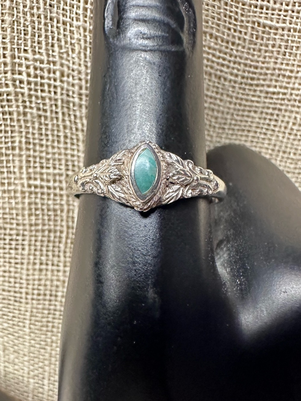 Sterling Silver Leaf-Design Ring with Turquoise Marquise Sz 7.5